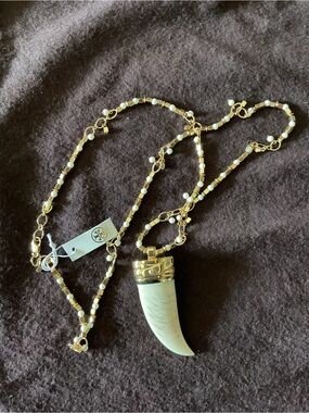 Tory Burch Gold and Ivory Horn Pendant Beaded Necklace